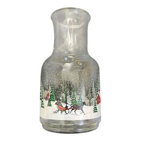 Vintage Kig Winter Scene Glass Carafe Snowy Sleigh House Barn Design 52oz
